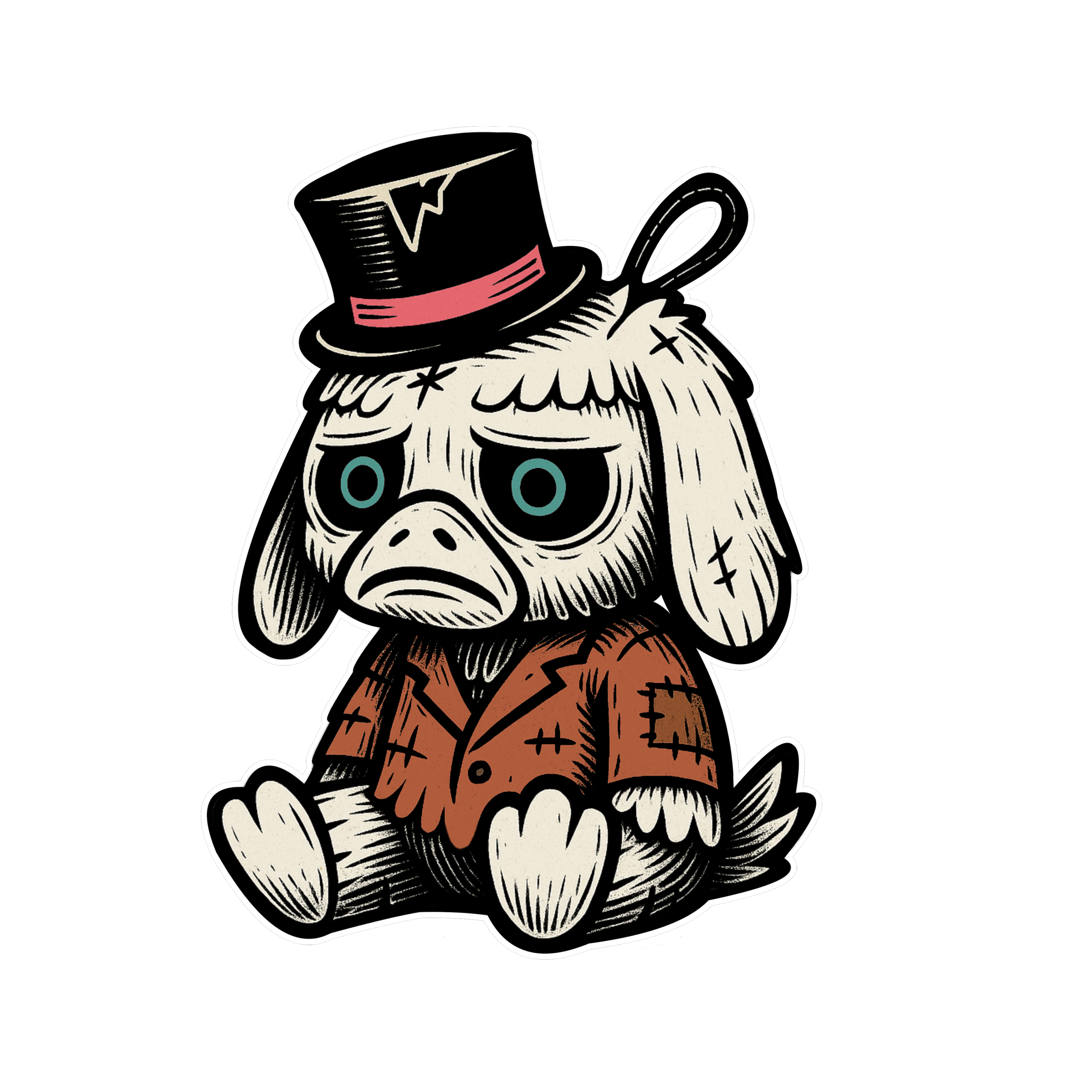 Depressed cartoon character wearing a tattered suit and top hat with a red “V” symbol, sitting down with a blank stare