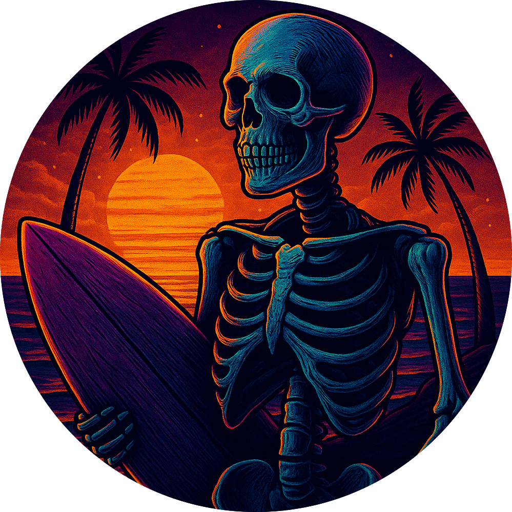 Skeleton surfer sitting on the beach with a surfboard at sunset, in a surreal, neon-lit style.