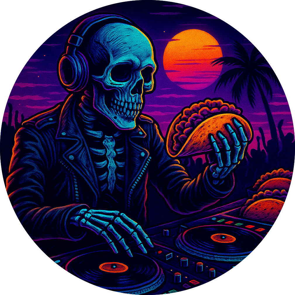 Skull-faced DJ spinning vinyls under a neon sunset, wearing headphones and a hoodie — dark, retro party vibe.