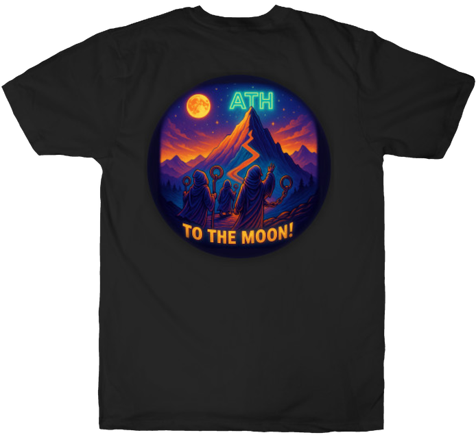 Cartoon crowd cheering under a glowing moon and mountain peak labeled 'ATH – TO THE MOON!', symbolizing crypto hype and price euphoria.