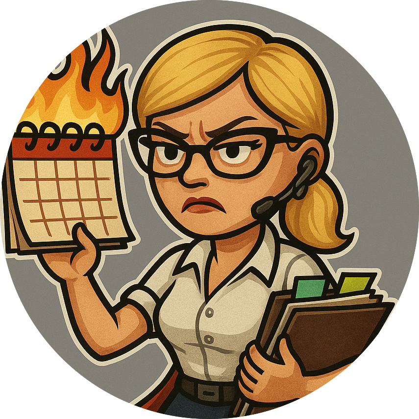 Cartoon woman holding a burning calendar and folders, looking angry and overworked