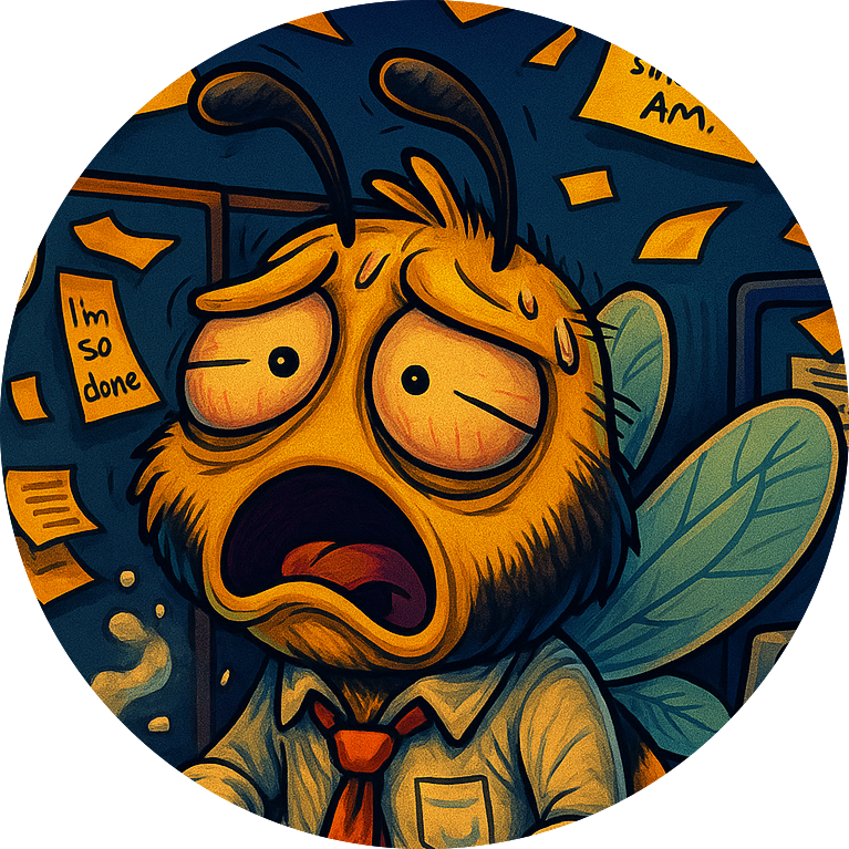 An anxious cartoon bee in a tie, sweating in an office cubicle surrounded by sticky notes, symbolizing burnout and workplace stress.