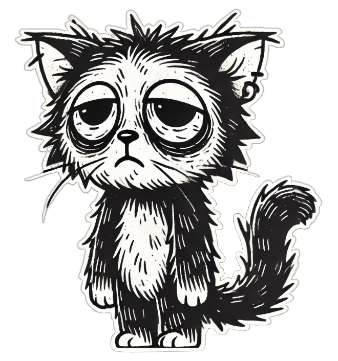 Burnout cartoon cat with dark circles and a blank stare on a black background, in a sarcastic workwear T-shirt design.