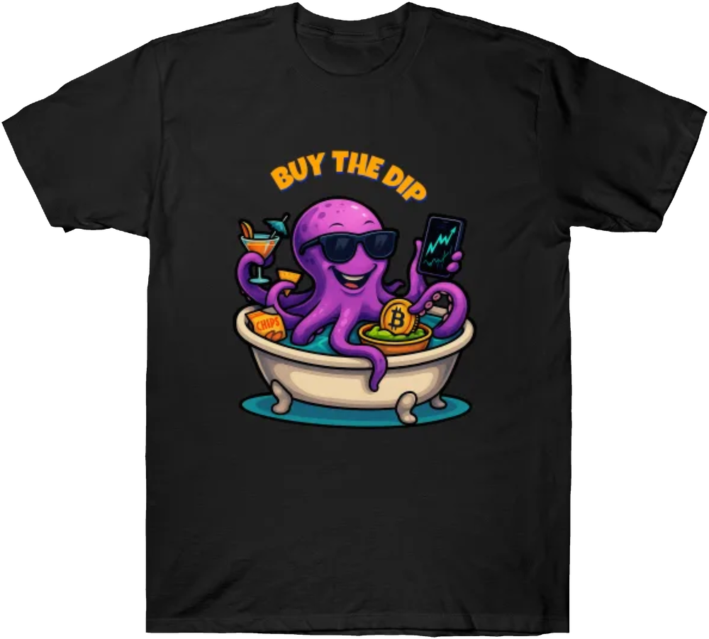 Cartoon octopus smugly dipping a Bitcoin into guacamole, sitting in a bowl with crypto chaos around it, under the phrase 'BUY THE DIP'.