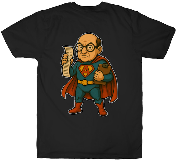 Cartoon man dressed as a superhero, holding a long compliance checklist and a clipboard, with a stern expression and a red cape.