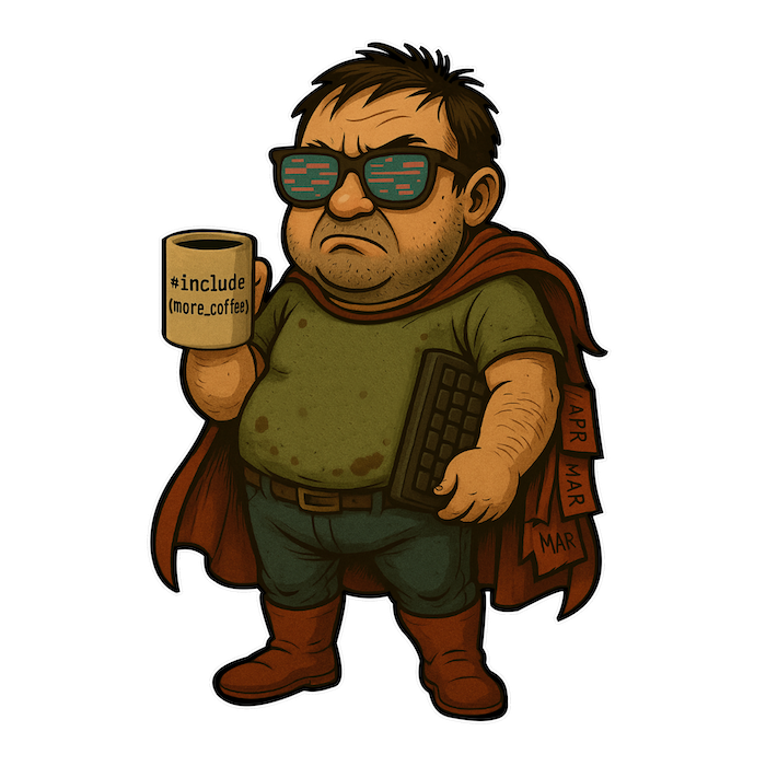 Burnout superhero coder holding a coffee mug labeled "#include " and a keyboard, with a tired expression and calendar cape.