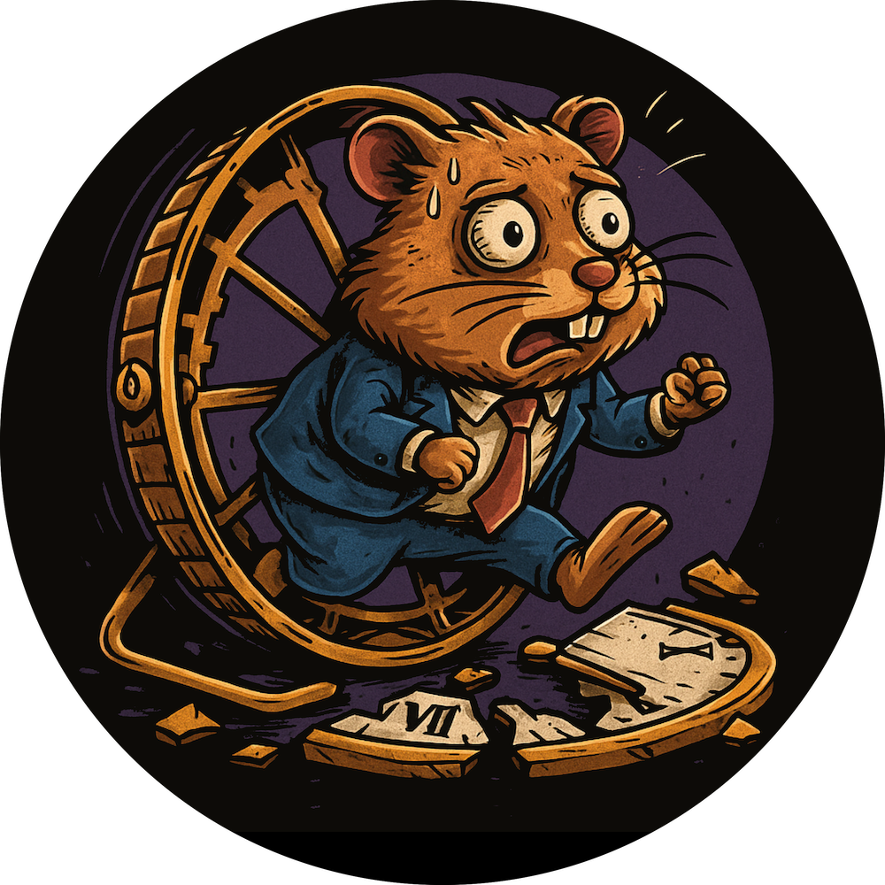 Panicked cartoon hamster in a suit running on a broken hamster wheel with shattered clock pieces below.