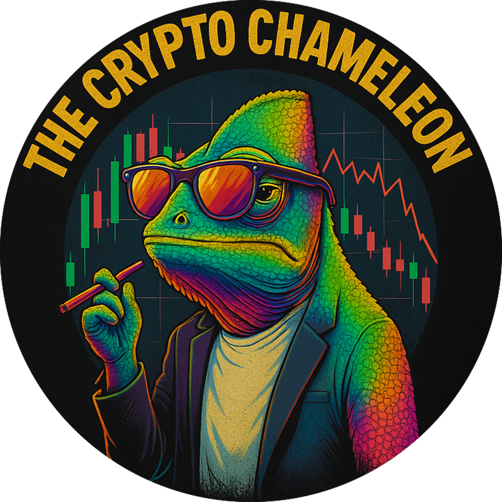 Illustration of a rainbow-colored chameleon in sunglasses with a red candle chart backdrop, holding a vape — “The Crypto Chameleon”