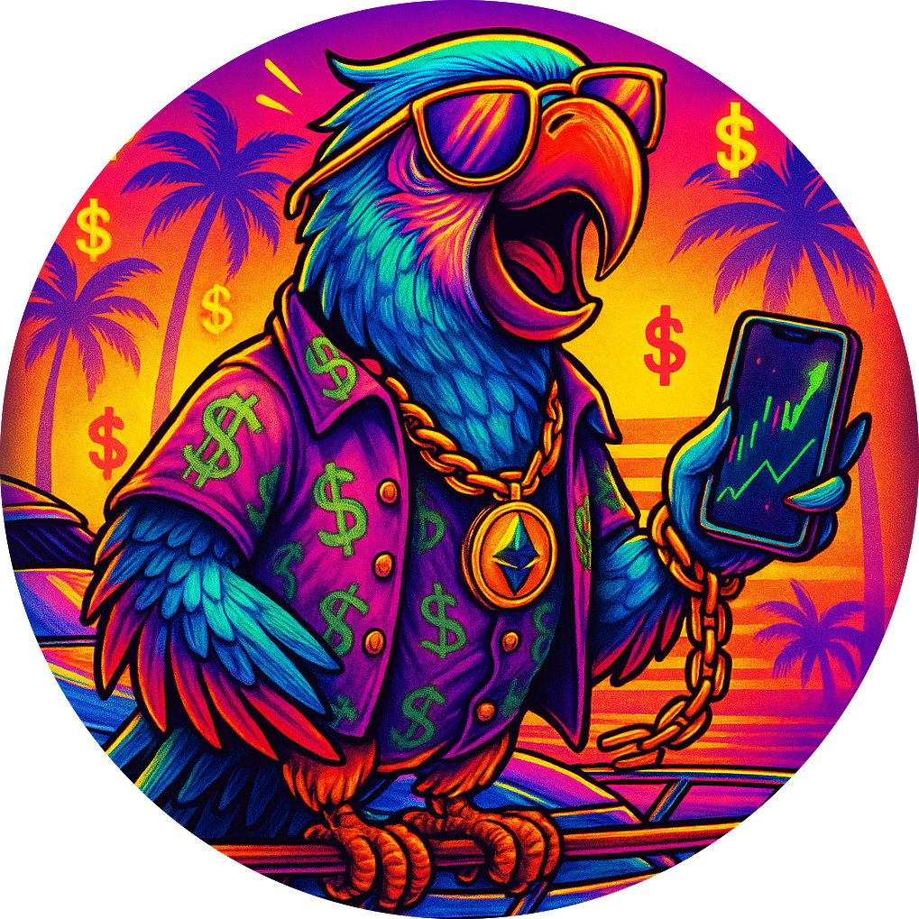 Colorful parrot wearing dollar-sign shirt and gold chain with Ethereum logo, holding a phone with crypto chart