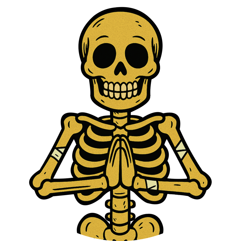 Smiling skeleton in prayer pose with athletic tape, symbolizing burnout fitness humor