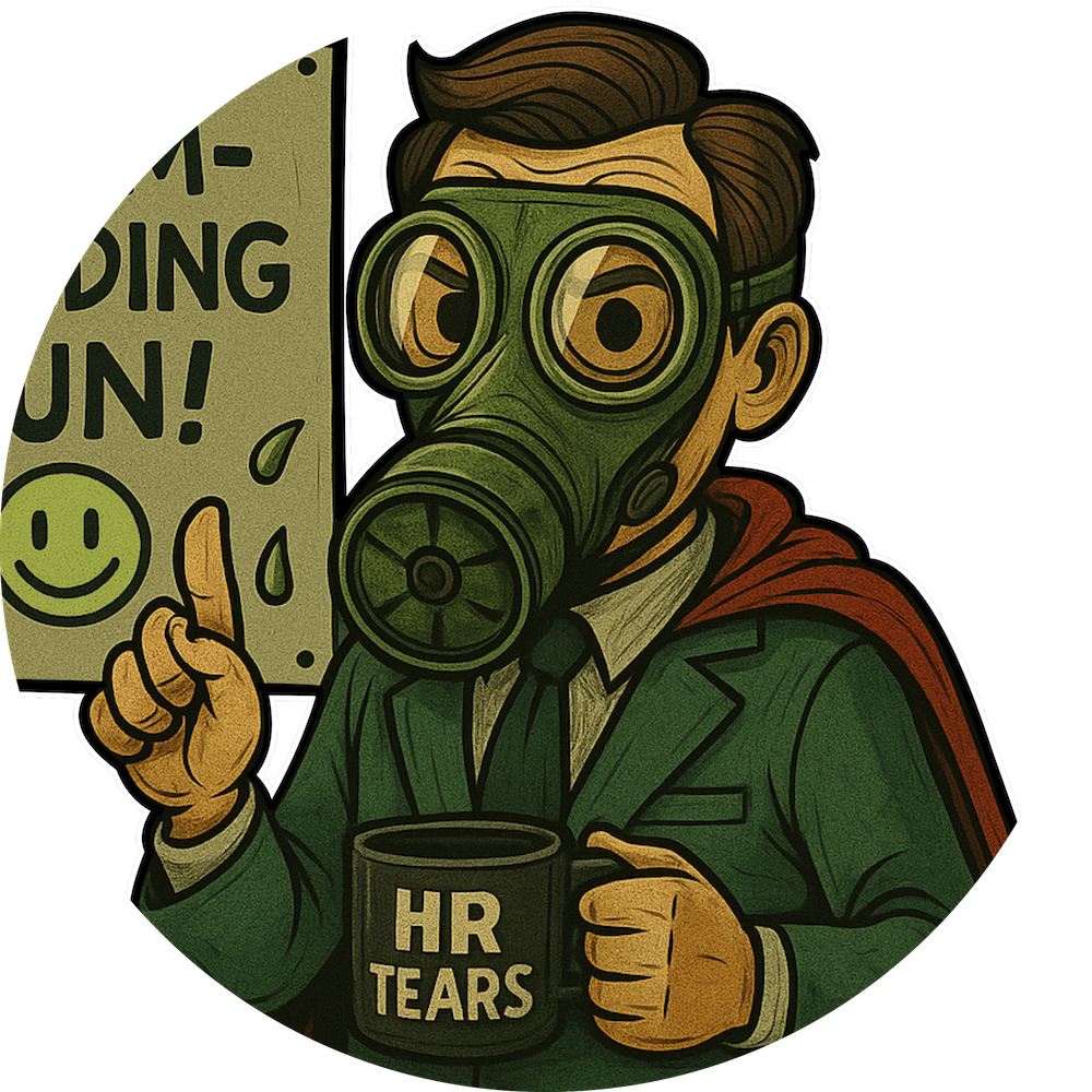 Cartoon office worker in gas mask holding "HR Tears" mug and "Team-Building Fun!" sign with a cancelled stamp – dark humor shirt concept.