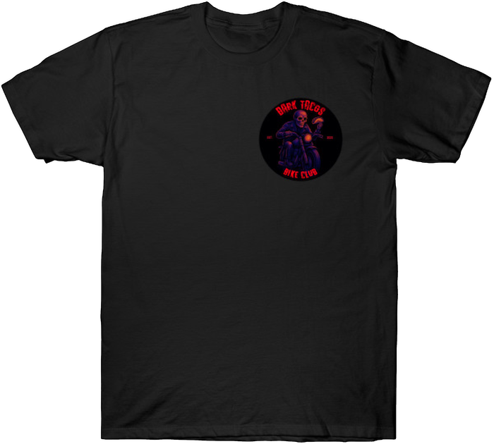 Skeleton biker riding through the void under a neon red moon with “Dark Tacos Bike Club” text.