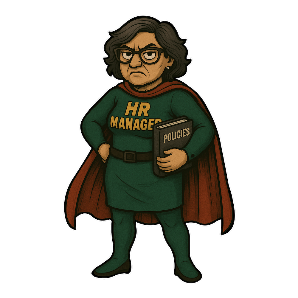Stern HR manager mascot in superhero costume holding a "Policies" book — sarcastic office burnout illustration