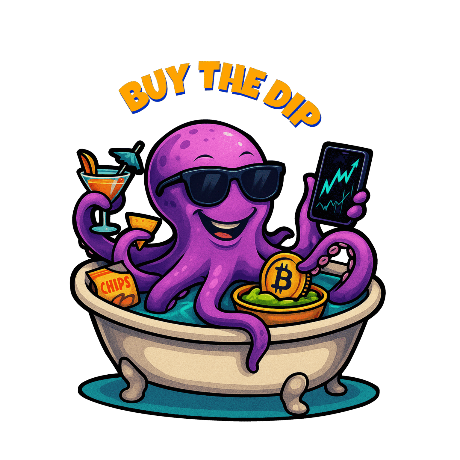 Smug purple octopus dipping a Bitcoin into guacamole with the text “Buy the Dip” above it