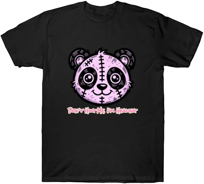 A stitched pink panda plush with a distressed expression and the phrase “Don’t Hug Me I’m Healing.”