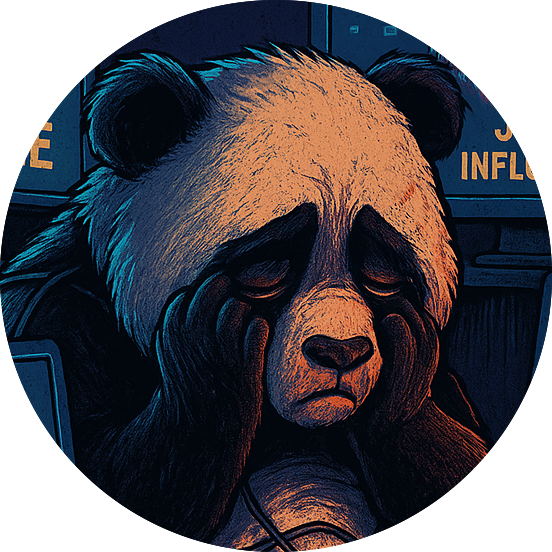 Sad burnout panda mascot resting its head in its paws, representing emotional exhaustion and passive-aggressive support
