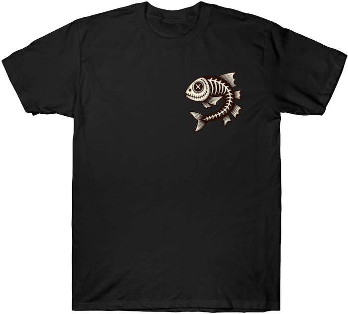 Minimalist fishbone skeleton logo on a black t-shirt, perfect for burnout vibes or late-stage capitalism.