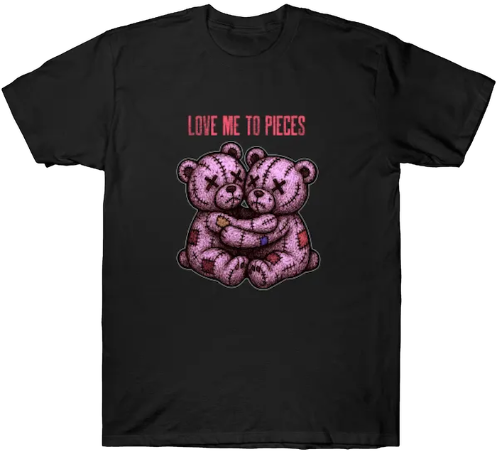 Pink stitched teddy bears with missing limbs and a forced smiles on a black burnout-themed t-shirt.