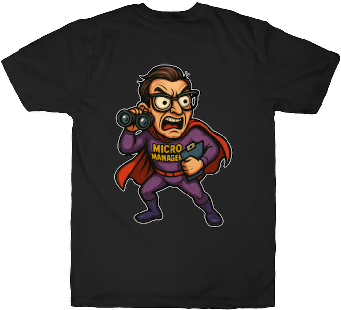 Angry cartoon micromanager in cape, holding binoculars and a clipboard, ready to supervise your soul.