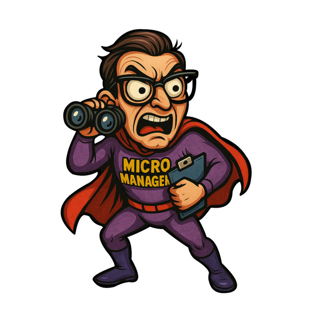Cartoon-style illustration of an angry micromanager in a superhero costume, holding binoculars and a clipboard