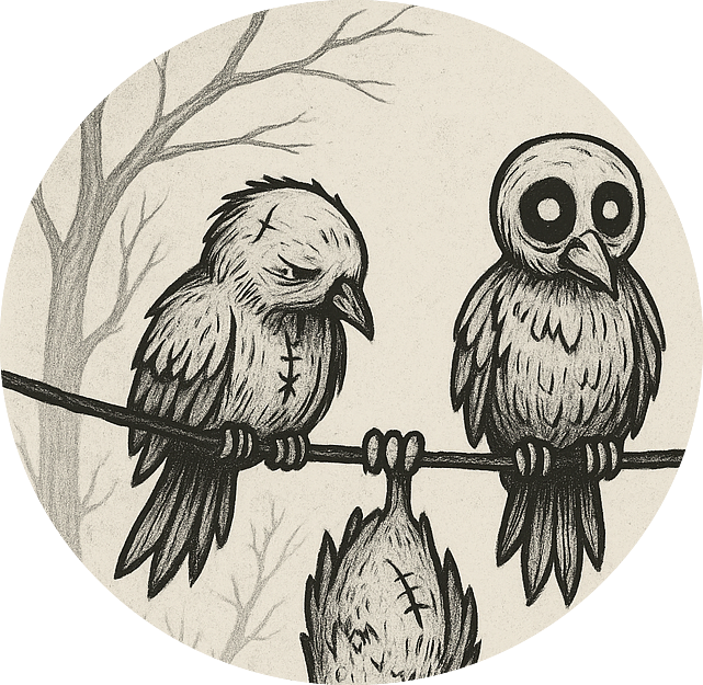 Three stitched-up cartoon birds on a wire, one hanging upside down — eerie sketch style symbolizing muted emotions and social exhaustion.