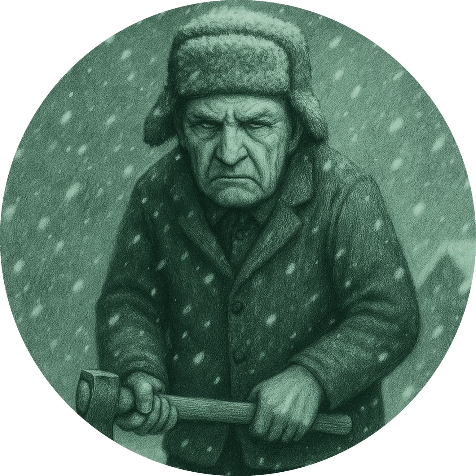 Grumpy old man in winter gear holding an axe, staring into the void like it owes him rent.