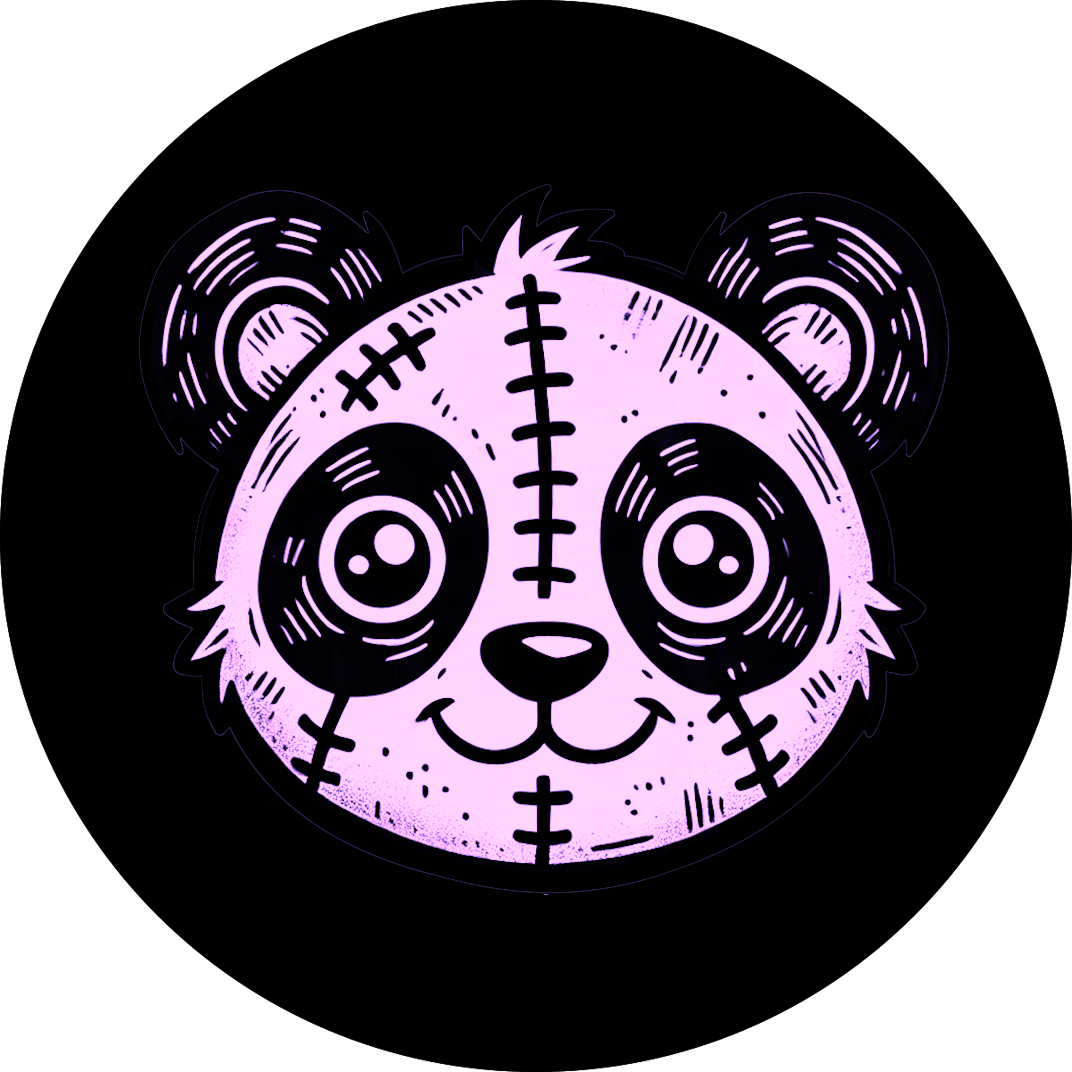 Purple stitched panda face illustration with sad eyes, cartoon style