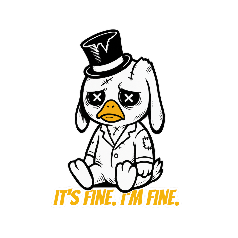 Cartoon duck in a torn suit and top hat with stitched eyes and a frown, sitting below the text “It’s Fine. I’m Fine.”