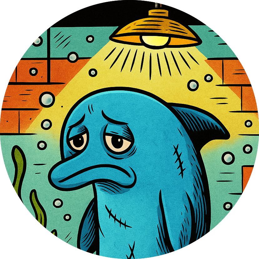 Sad cartoon dolphin under spotlight in aquarium, looking emotionally exhausted