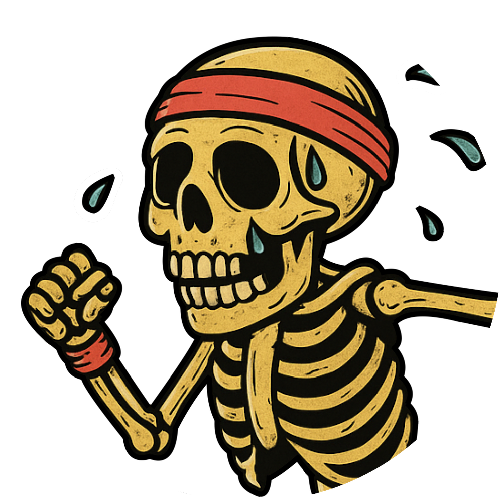 Skeleton in a red headband sweating on a treadmill – sarcastic fitness burnout mascot