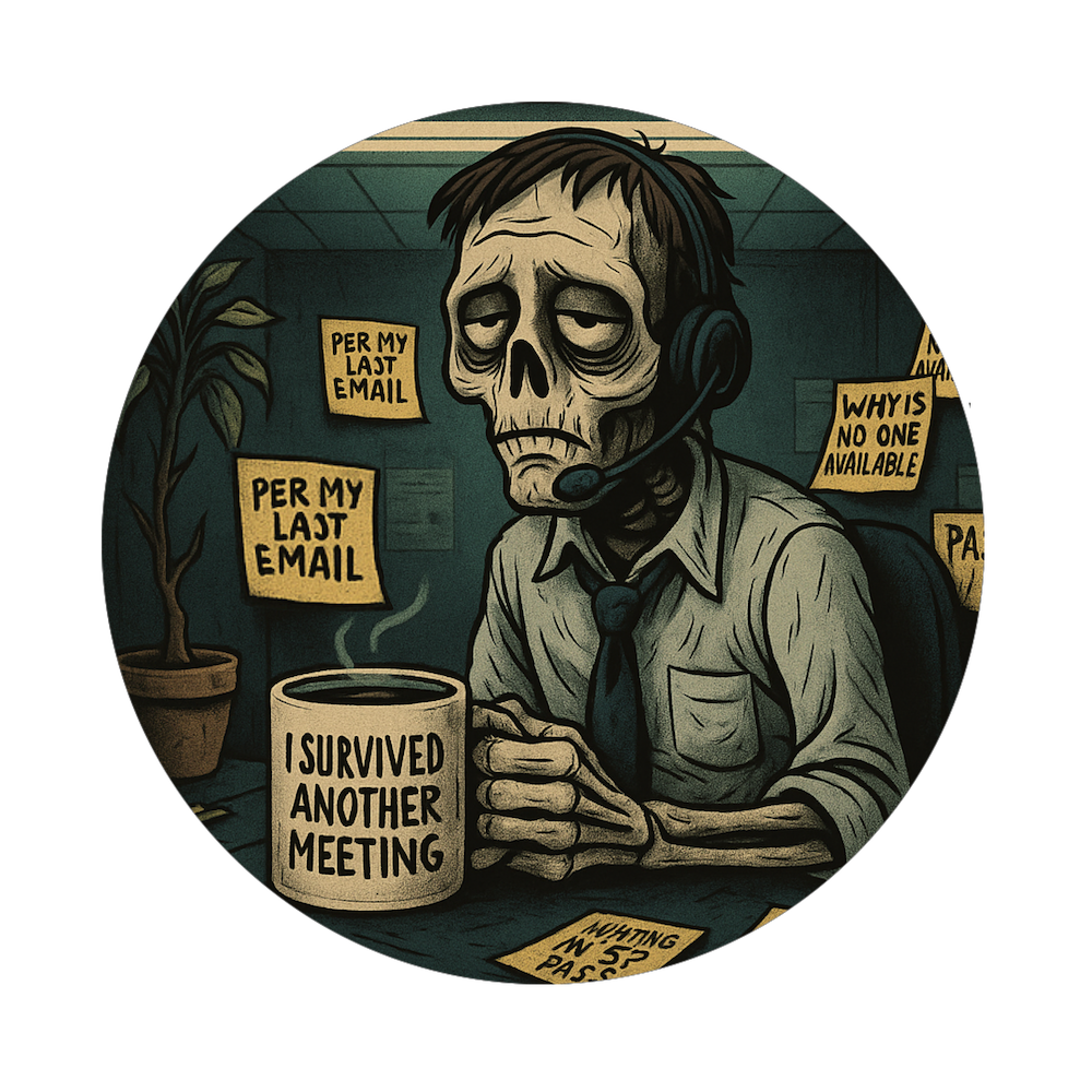 Burnt-out skeleton in office headset with coffee mug labeled "I Survived Another Meeting," surrounded by sarcastic sticky notes.