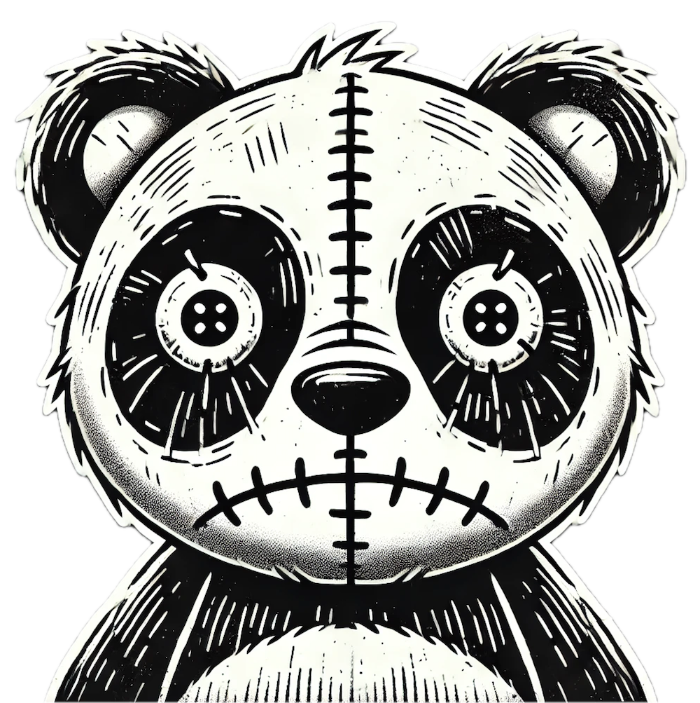 Black and white stitched panda with button eyes and a stitched mouth, symbolizing emotional detachment in burnout fashion
