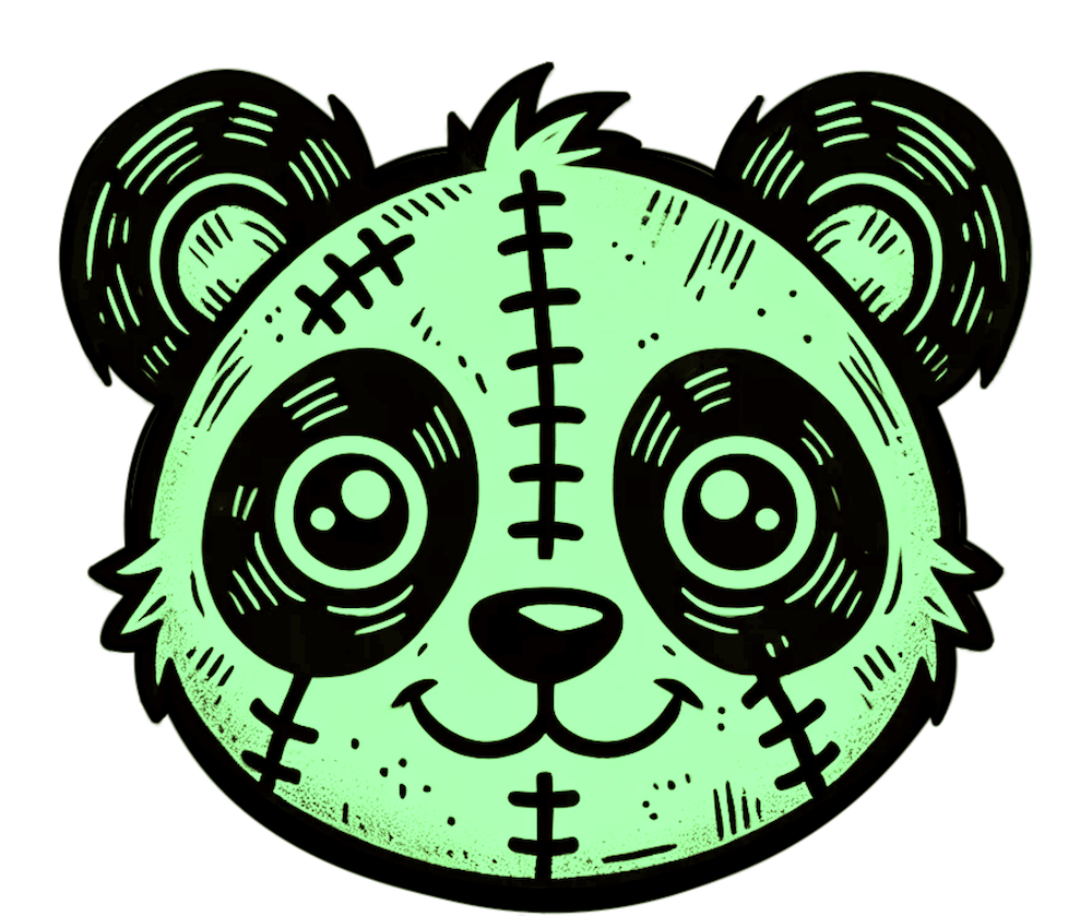 Glowing stitched panda face illustration with large eyes and smile – eerie and adorable burnout mascot.