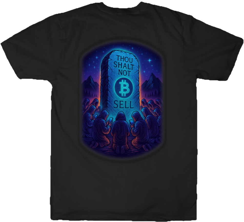 Glowing Bitcoin tablet styled like the Ten Commandments, surrounded by a crowd of worshippers, with the phrase 'Thou Shalt Not Sell'.