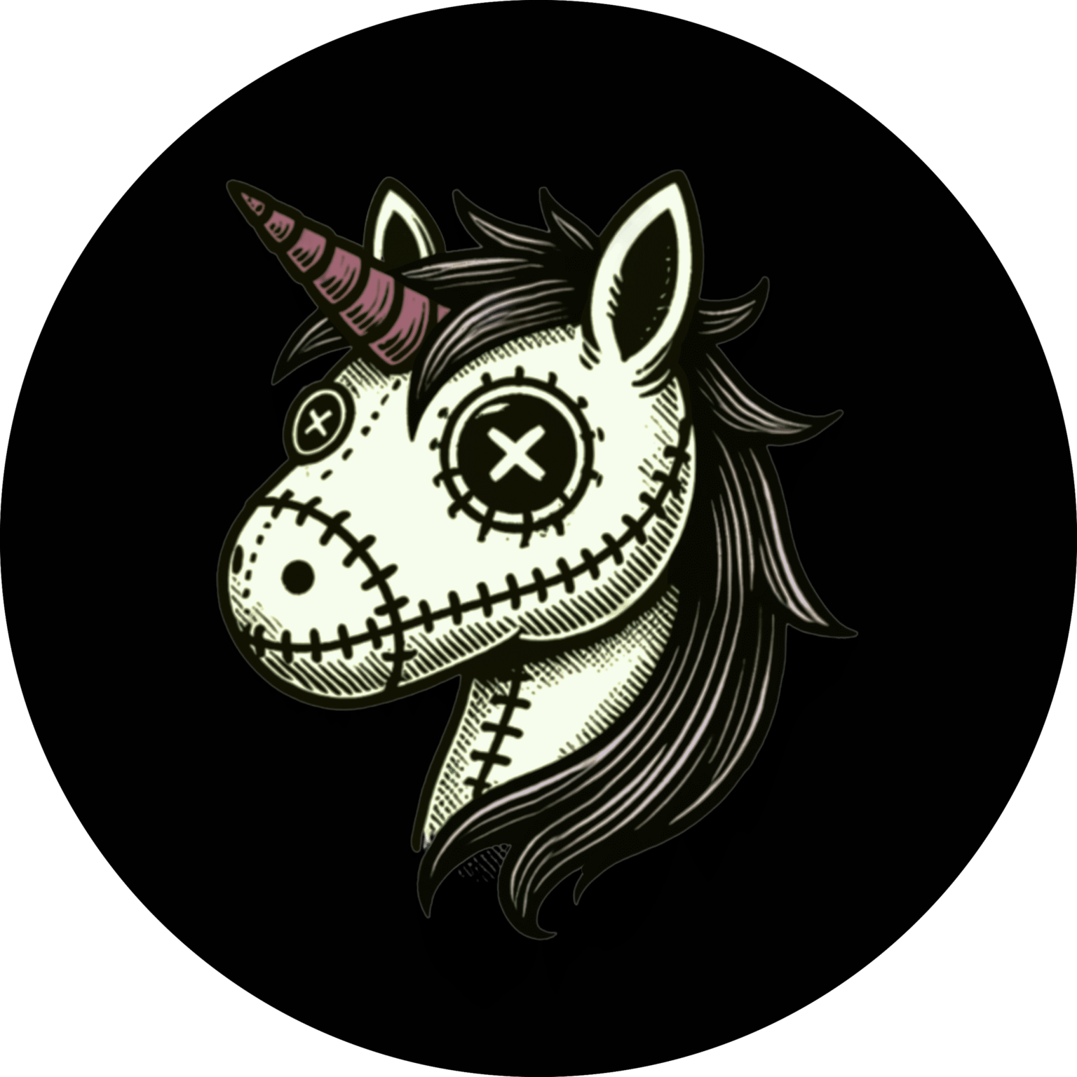 Zombie-eyed stitched unicorn graphic with dark streetwear vibes, perfect for ironic or dark humor t-shirts.