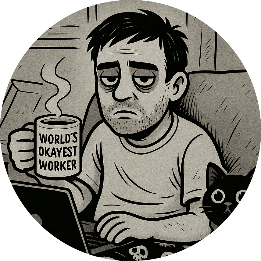 Burnout employee holding a “World’s Okayest Worker” mug, sitting in front of a laptop with dark circles and a thousand-yard stare
