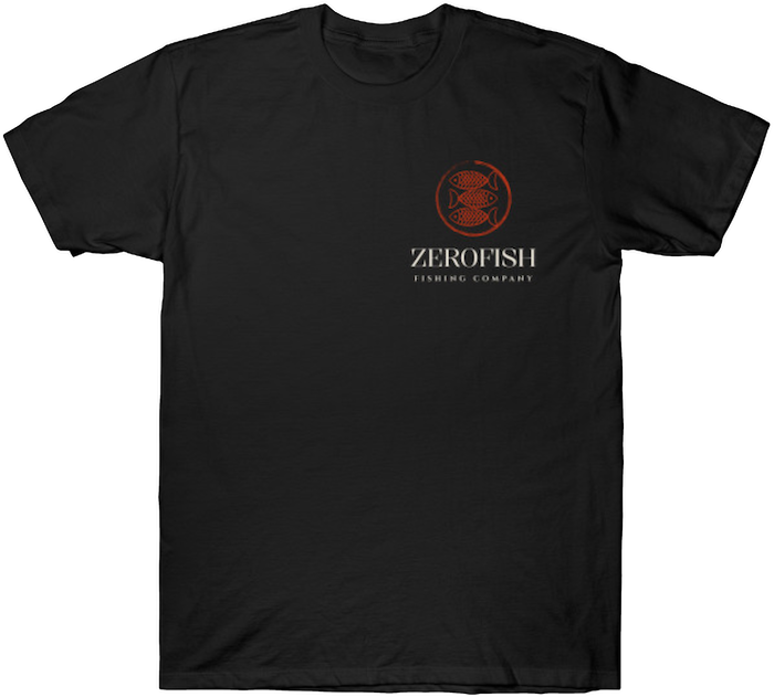 Minimalist red fish logo on a black T-shirt with “Zerofish Fishing Company” text.