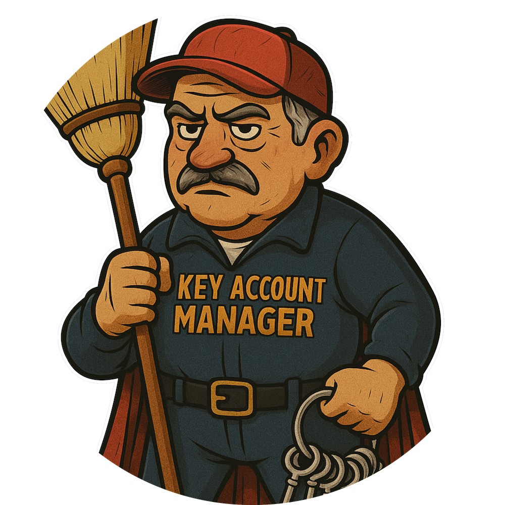 Grumpy janitor in a red cap holding a broom and keys, labeled "Key Account Manager" — a satirical nod to workplace hierarchy.