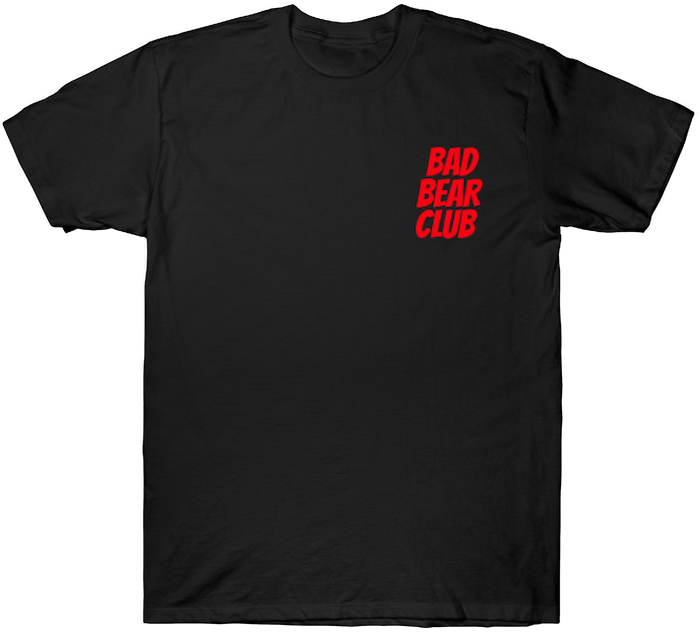 Black T-shirt with bold red text “Bad Bear Club” printed on the front left chest