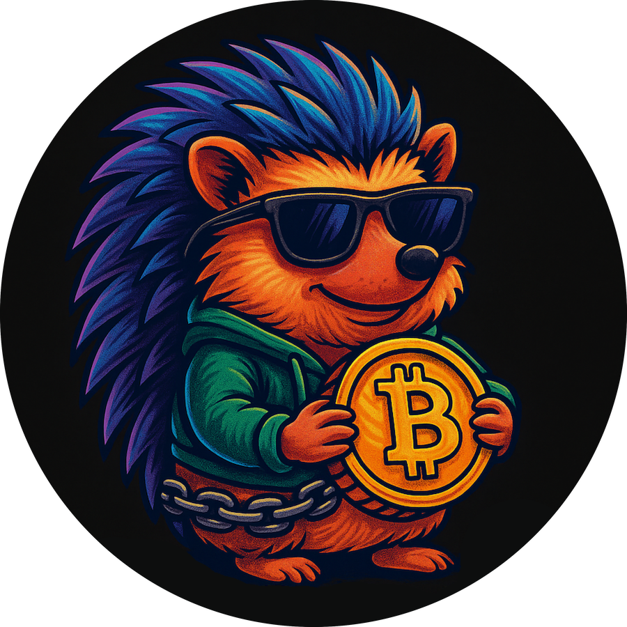 Illustration of a smug cartoon hedgehog in sunglasses holding a Bitcoin, wearing a green hoodie and chain belt