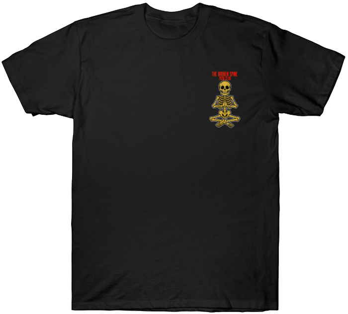 Front print T-shirt with a small meditating skeleton and red "Broken Spine Yoga Club" text on the chest