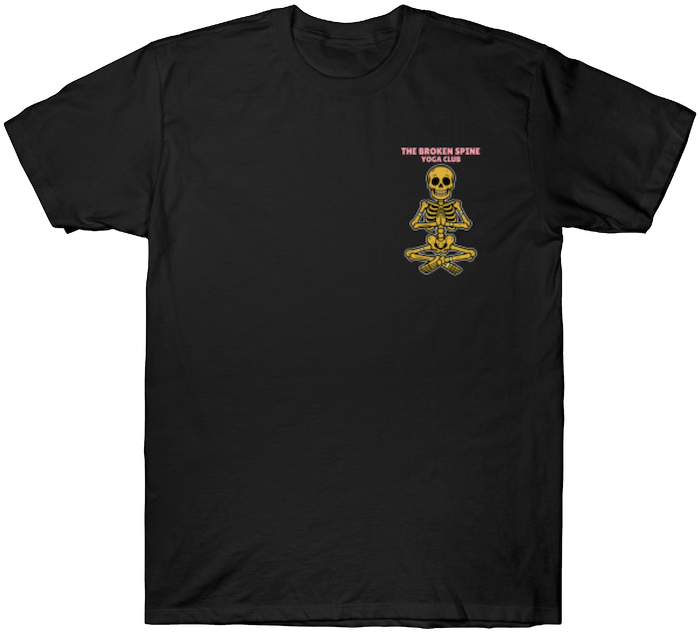 Skeleton sitting in a yoga pose with “Broken Spine Yoga Club” text on chest design of a black T-shirt