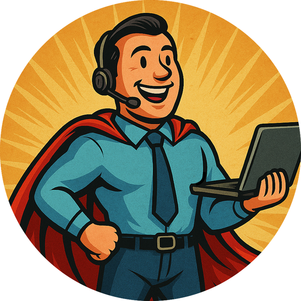 Cartoon of a smiling man in a headset and cape holding a laptop, styled as a corporate superhero