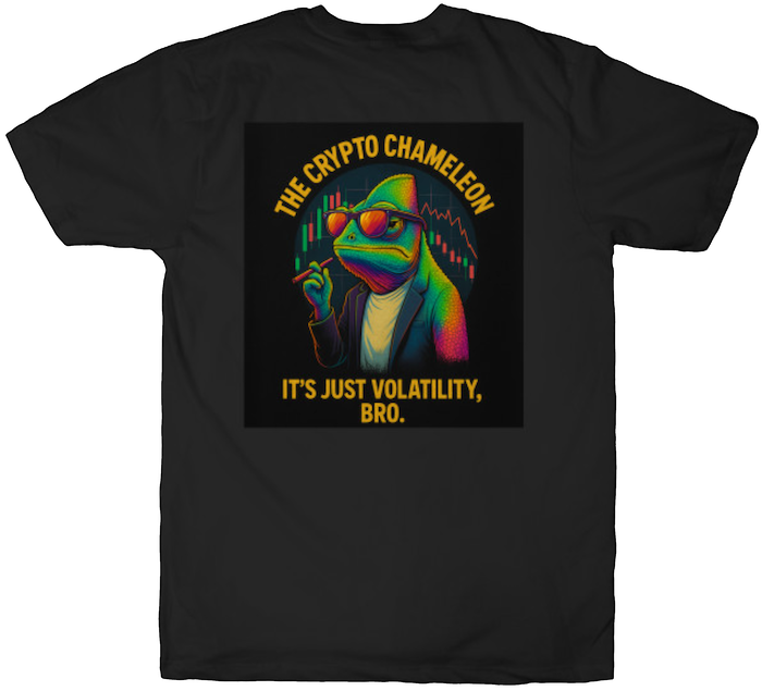 Funny crypto T-shirt with a colorful chameleon in shades holding a cigarette, captioned "It’s Just Volatility, Bro"