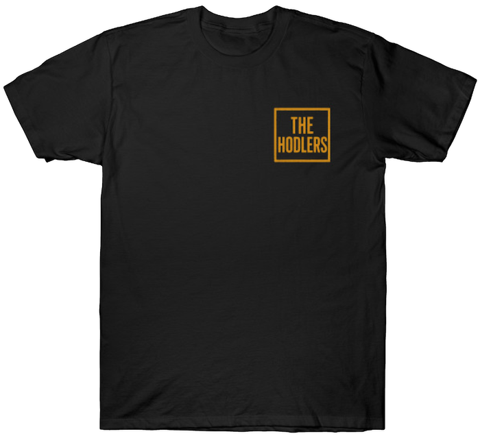 Front logo design for The Hodlers crypto shirt featuring a distressed gold badge with bold block lettering