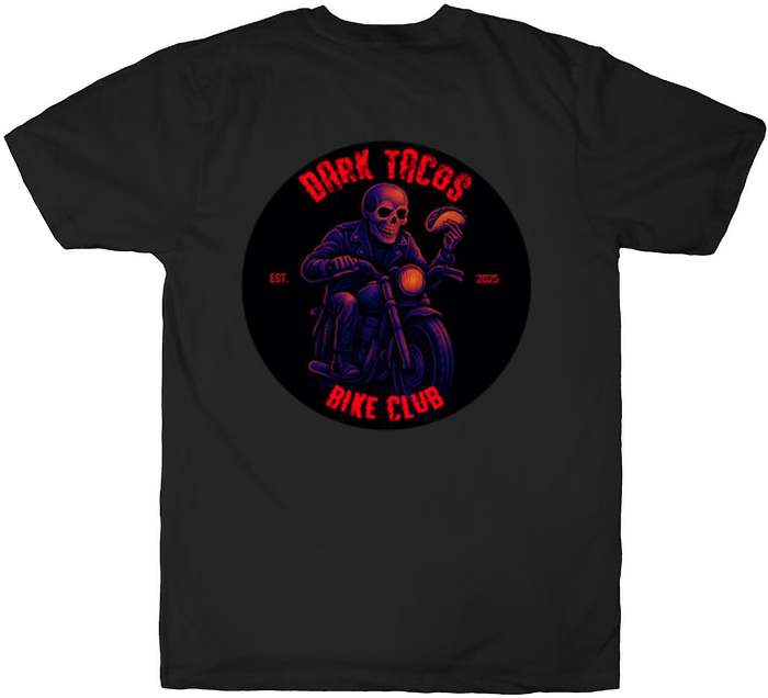 Skeleton rider holding a taco on a motorcycle with “Dark Tacos Bike Club” logo – back print design