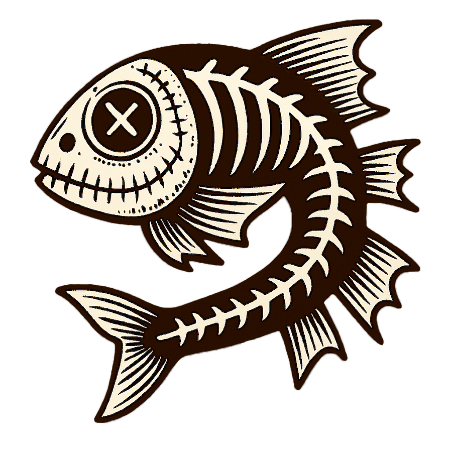 Cartoon fishbone mascot with stitched eyes and skeletal body, symbolizing emotional emptiness