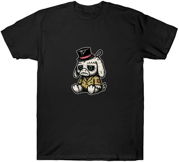 🖼 Alt Text:
Sad cartoon burnout mascot in office clothes and top hat, sitting exhausted on a black T-shirt