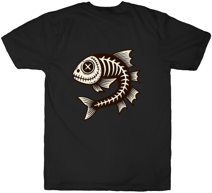 Back view of a black T-shirt featuring a skeleton fish design with cartoonish burnout vibes