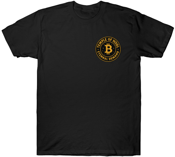 Temple of HODL crest logo with Bitcoin symbol and "Eternal Demand" on a black T-shirt